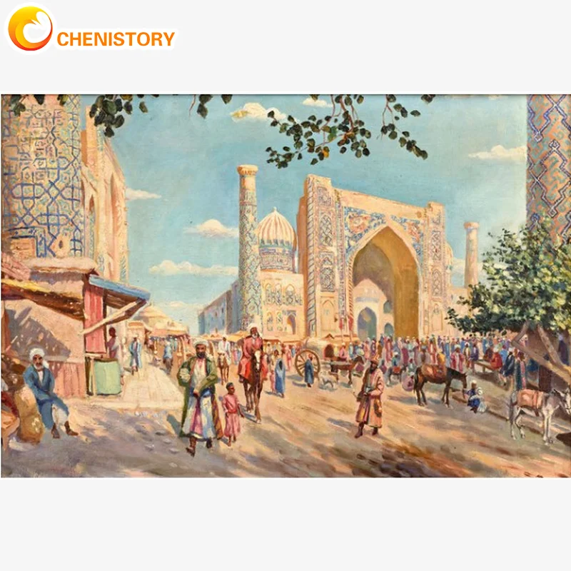 

CHENISTORY Oil Painting By Numbers Paint Kit Decorative Paintings Mosque And Figures Artwork Adult Crafts Picture Paint Diy Gift