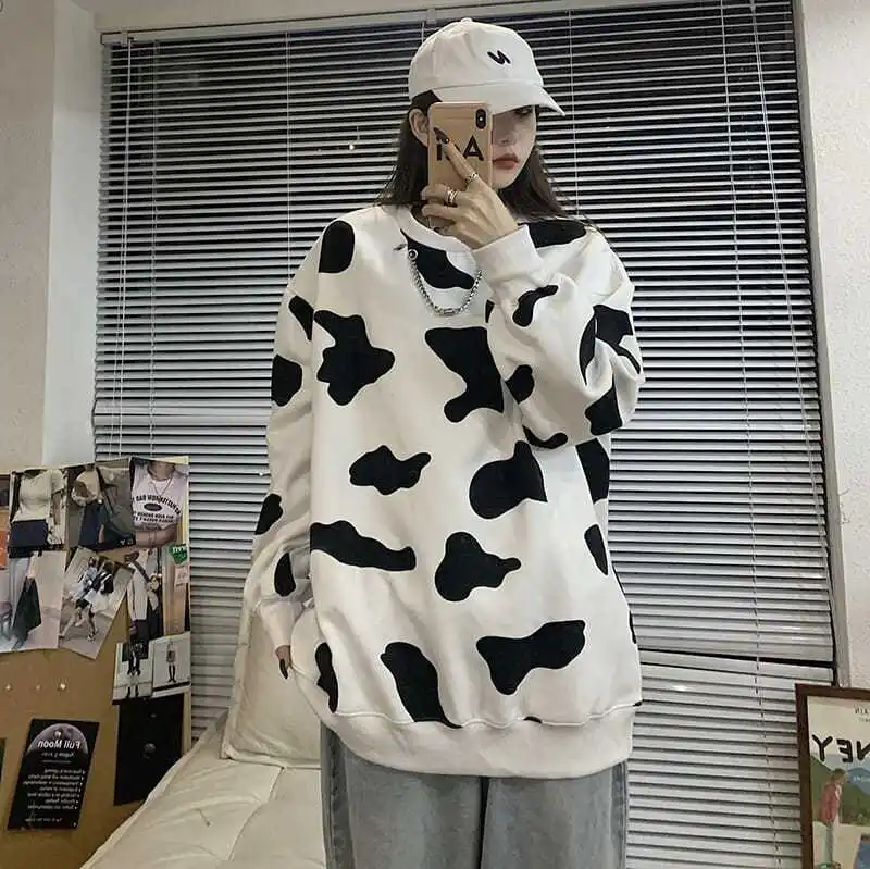 Women Japanese Harajuku Cute Milk Embroidered Long Sleeve Hooded Sweatshirt Kawaii Cow Print Pullover 2022 Fashion Korean Jumper