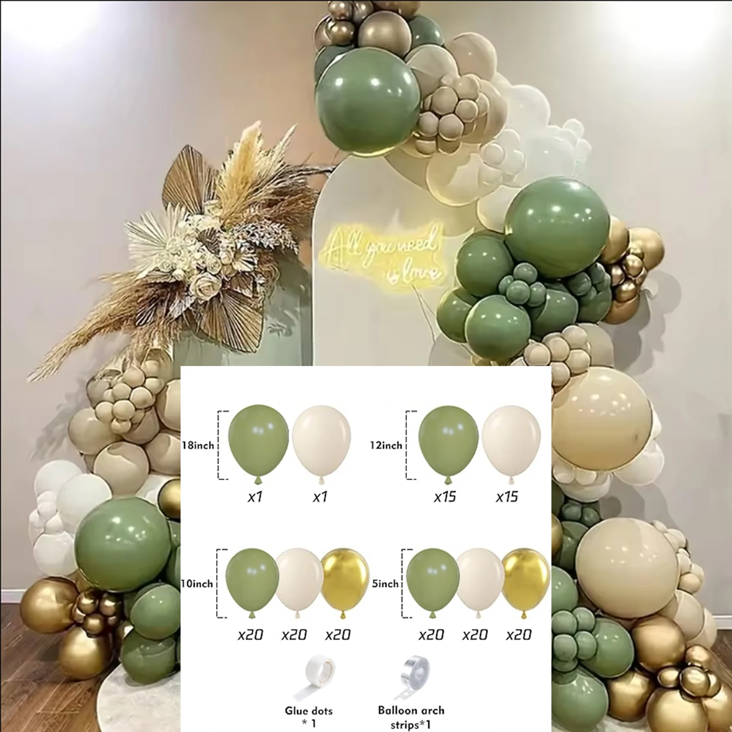 152-teiliges Ballon-Set in Grün, Sandweiß und Metallic, geeignet für die Dekoration von Hochzeiten, Geburtstagen, Partys und Junggesellinnenabschieden – Detail 10