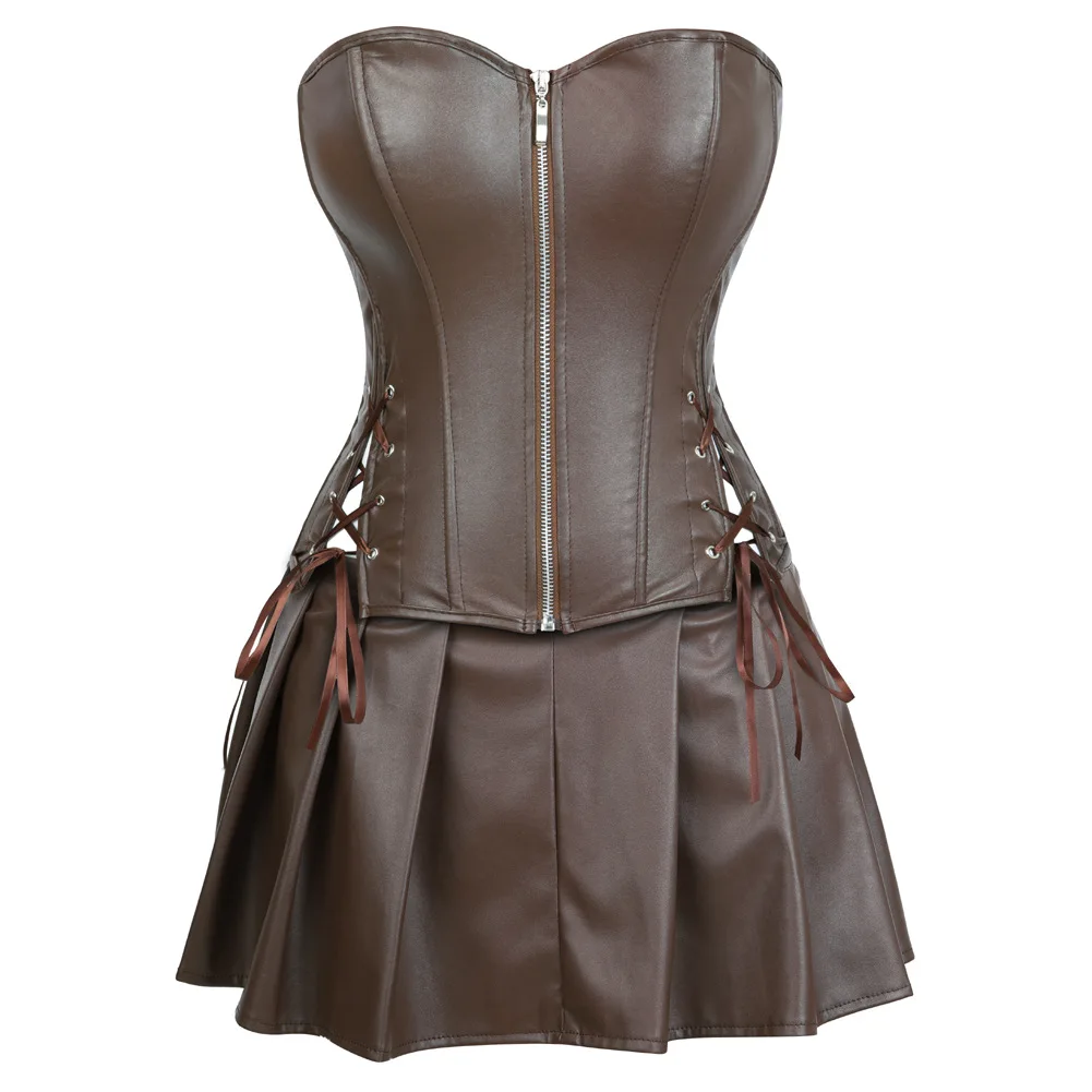 Hot Girl Tube Top Corset PU Leather Mini Skirt 3pcs Set Party Club Sexy Punk Black Summer Suit Dress Plus Size
