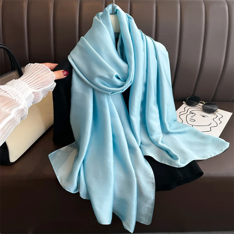 Fashion 90x180cm Solid Color Satin Muslim Hijab Soft Silk Feeling Headscarf Outdoor Beach Sunscreen Shawl 3