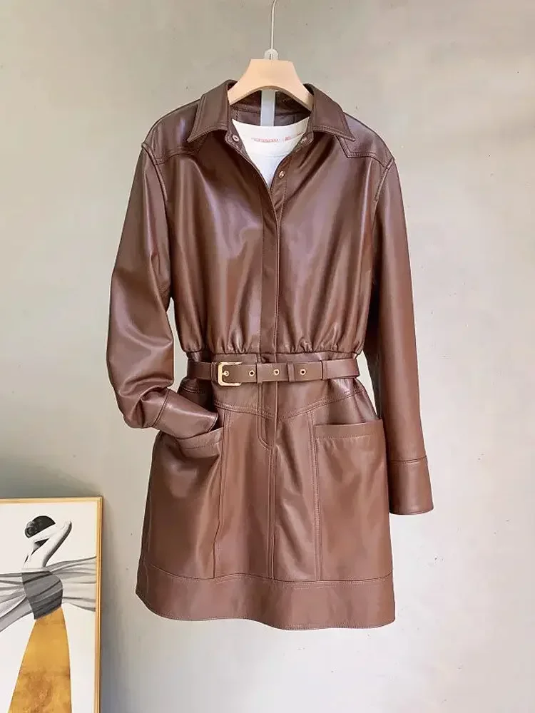 Autumn/Winter New Fashion High end Brown PU Leather Dress for Women Polo  Neck Waist Cinched Slim Commuting A-line Midi Dress - AliExpress 200000345