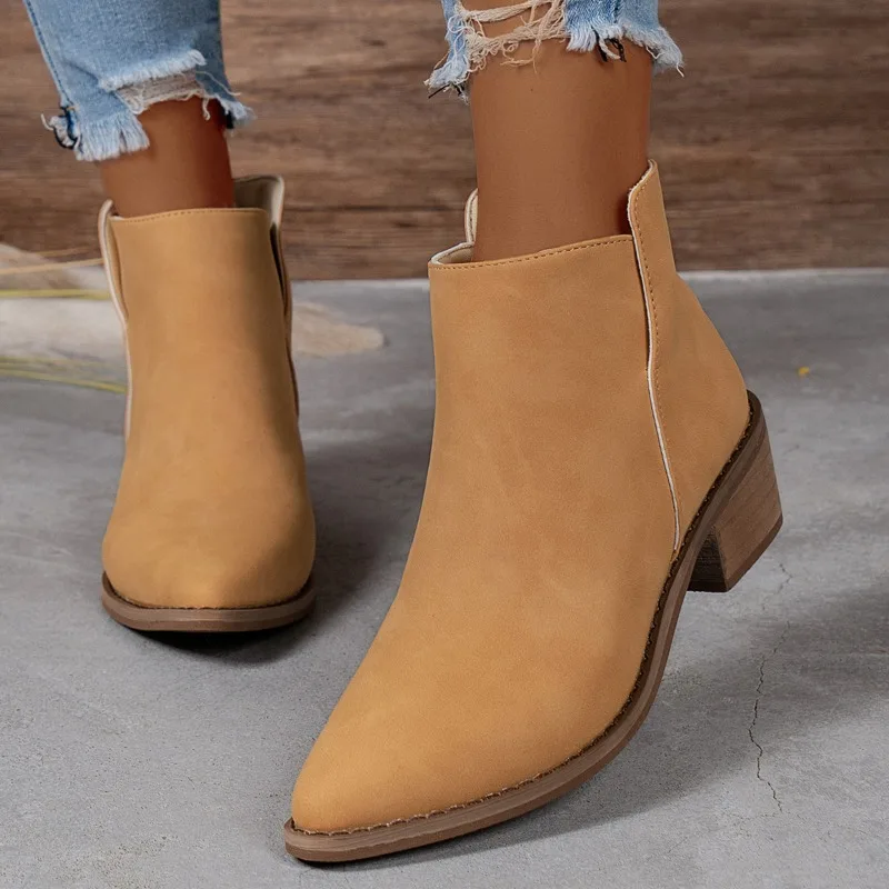 Women's leather elastic splice slip-on flats Fall ankle boots Square toe casual short Chelsea boots Shoe hot boots  women shoes