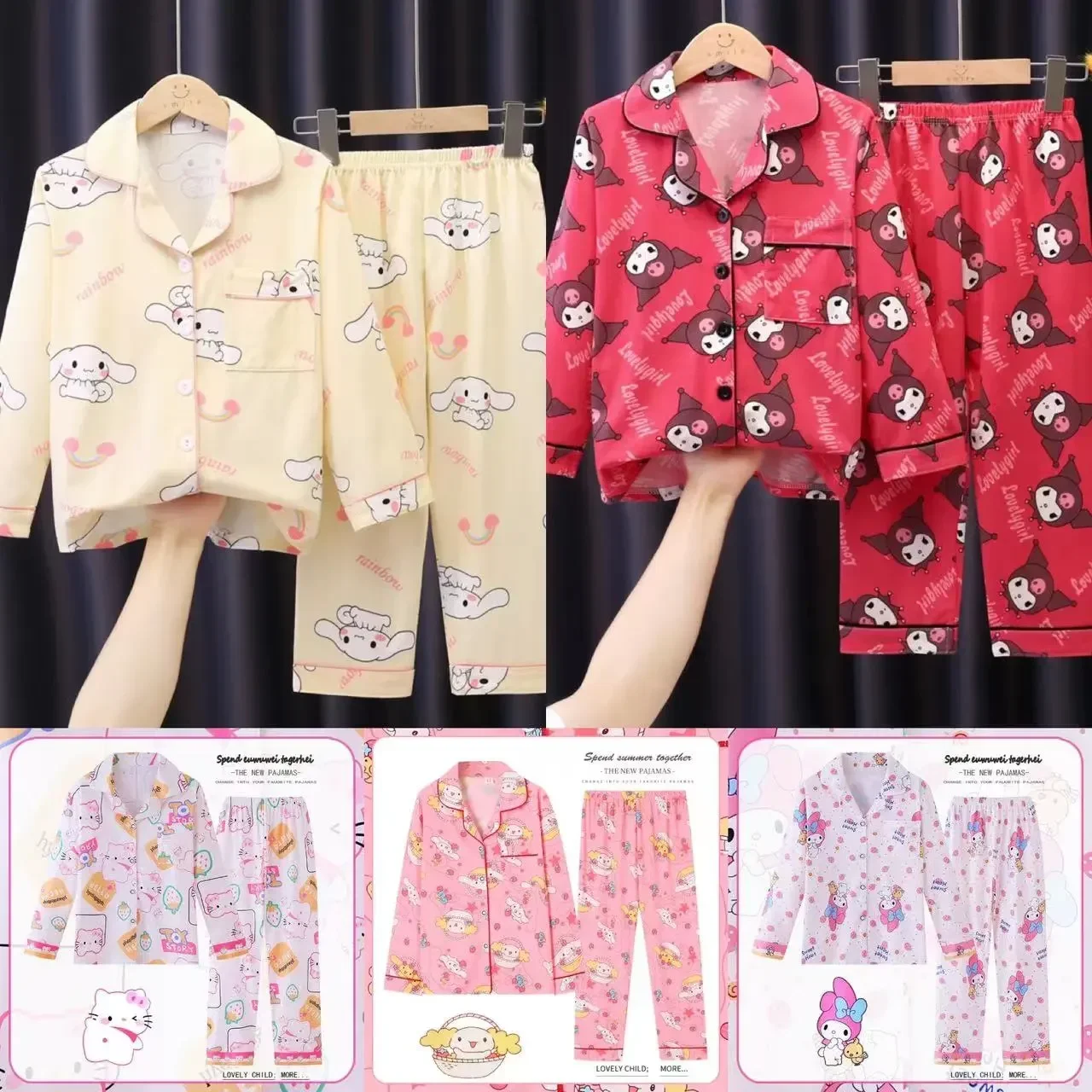 Sanrio Cinnamoroll Pijama de manga comprida dos desenhos animados para crianças, terno pijama anime infantil, roupas My Melody Kuromi, outono