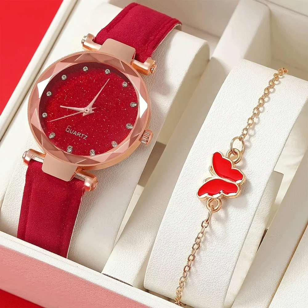 1pc Simple Zinc Alloy Quartz Watch With Round Rhinestone Dial + 1pc Butterfly Bracelet Red Black Pink