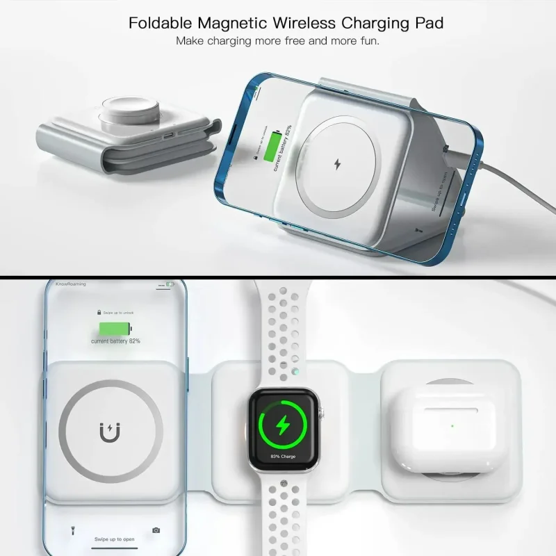 3 in 1 Magnetic Portable Wireless Charger Pad For iPhone 15 14 13 12 Pro Max Apple Watch AirPods Fast Charging Dock Station