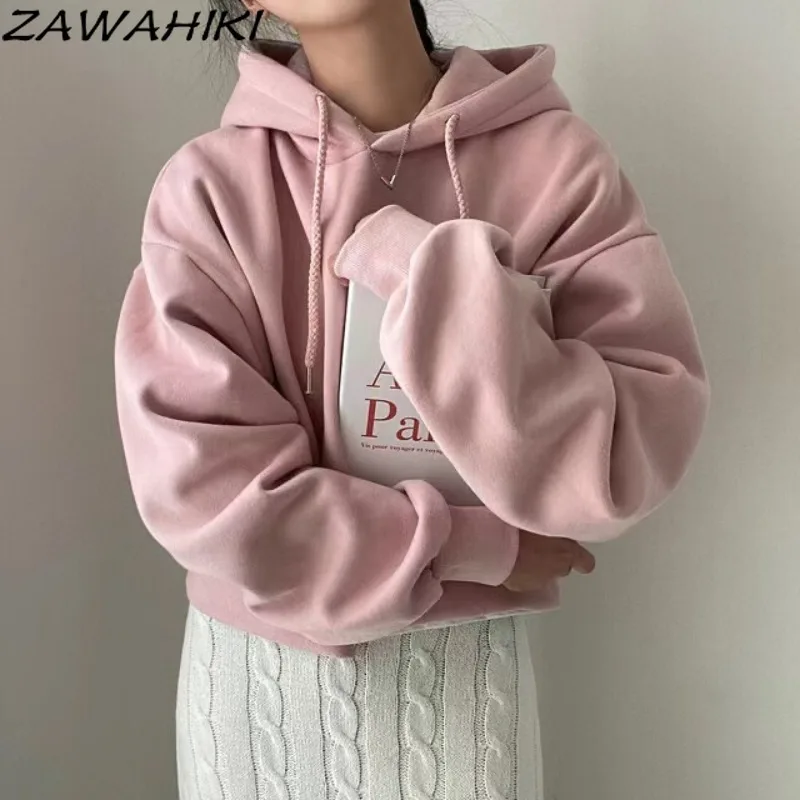 

ZAWAHIKI Autumn Winter Korean Loose Long Sleeve Hoodies Sweatshirt Women Y2K Aesthetic Solid Color Minimalist Casual Chic Tops