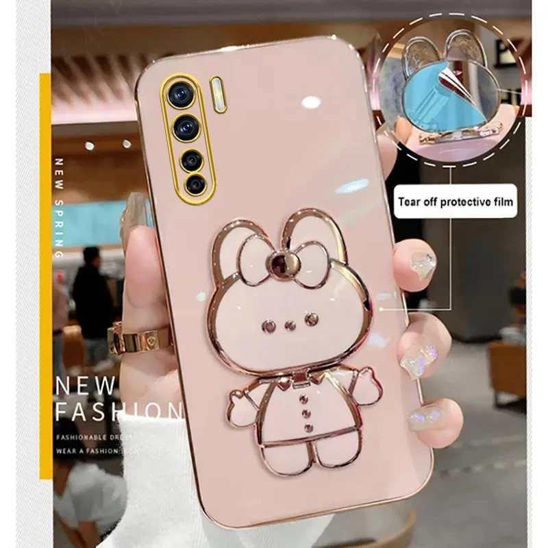 Luxury Cute Rabbit Makeup Mirror Phone Holder Case for Girls & Women - Stand Cover