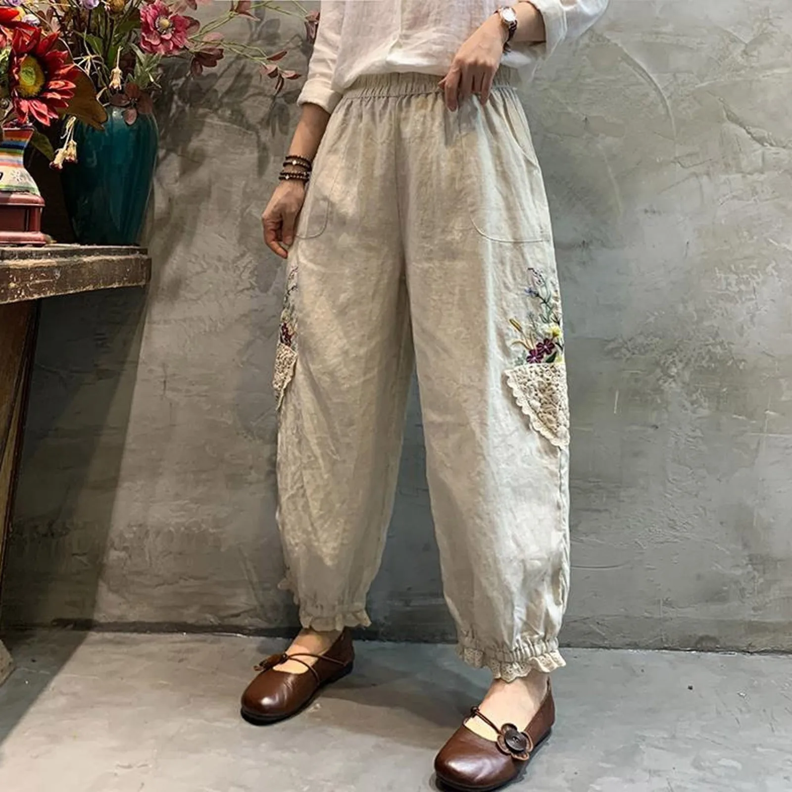 

Cotton Linen Spring Pants For Women 2024 Green Bloomers Capri Pants Embroidery Harem Trousers High Waist Soft Lantern Pants