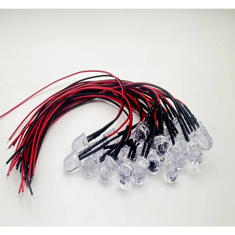 10-50Pcs DC 9V-24V 10mm Pre-Wired Constant LED Ultra Clear Bulb Cable ...