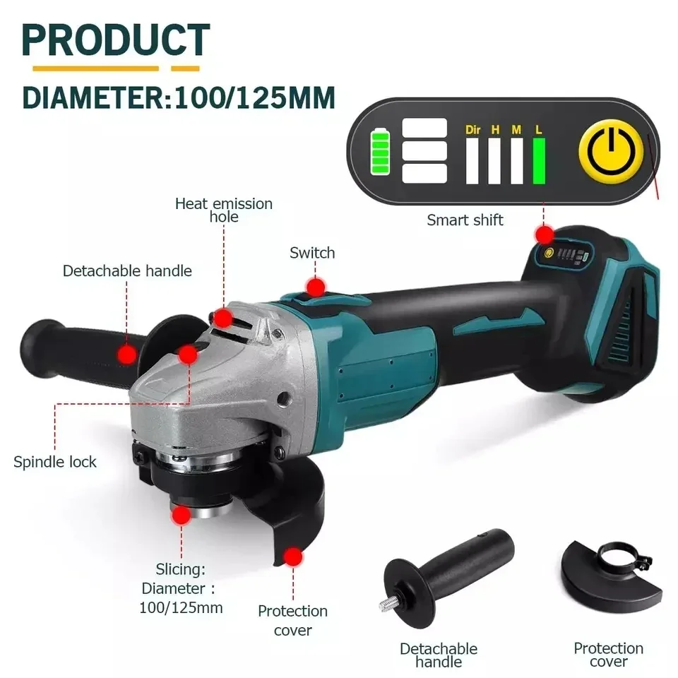 125mm 21V Angle Grinder for Makita Battery DIY Cutting Grinder Machine Brushless Cordless Angle Grinder Grind Power Tool 3