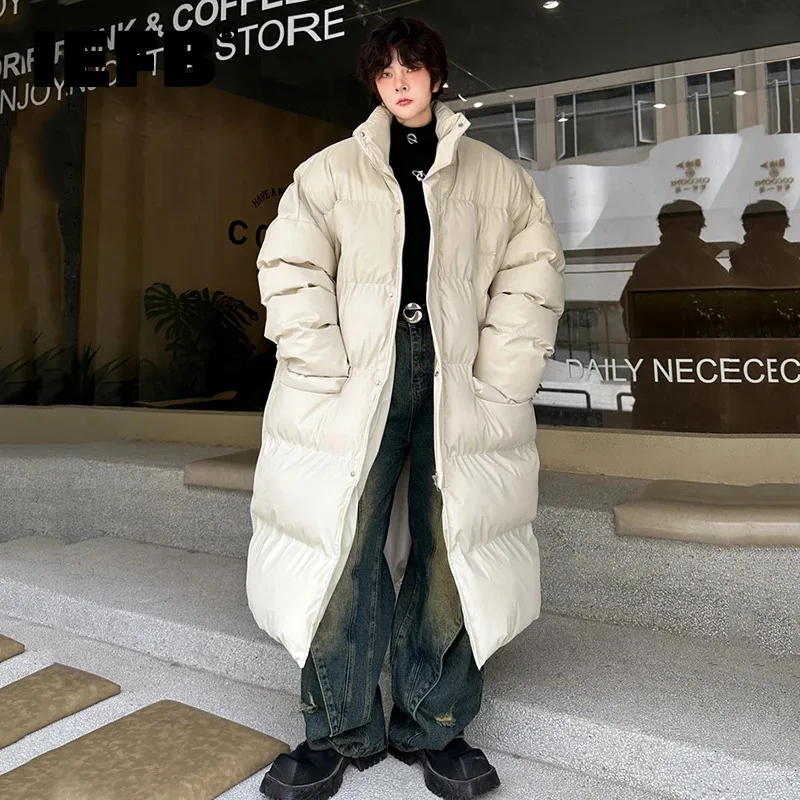 

IEFB Winter Men's Cotton Coat Solid Color Standing Neck Scarf Male Thickened Mid Length Leather Padded Jackets 2023 New 9C3276