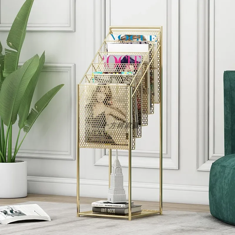 Golden Iron Magazine Rack MultiLayer Bookshelf, Office Display Shelves, Room Decor Storage, Elegant Organization