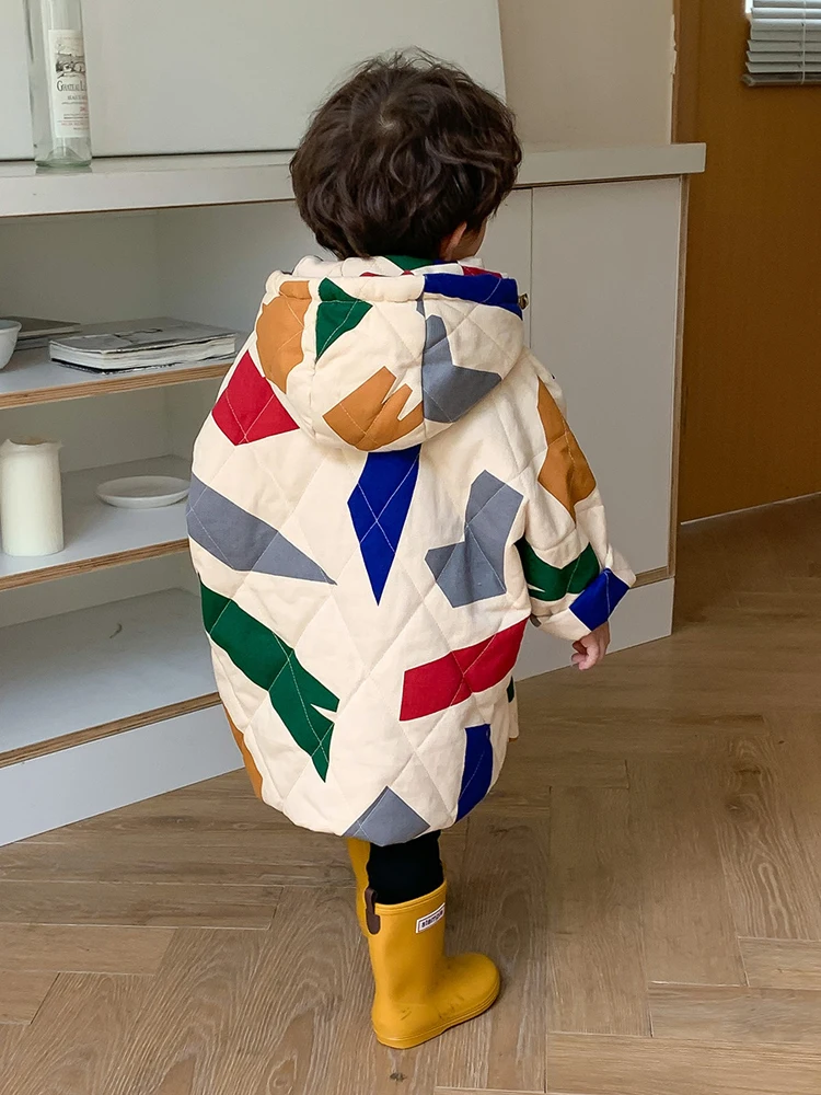 Korean Children Coat Winter New Original Design Geometric Pattern Boy's Cotton Padded Jacket Girls Fashion Outerwear XMP419