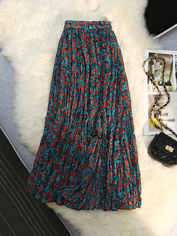 

2023 Chiffon Floral Print Skirt Women's Summer Split Pleated Skirt Elastic High Waist A-line Medium Length A Line Plissee Skirts
