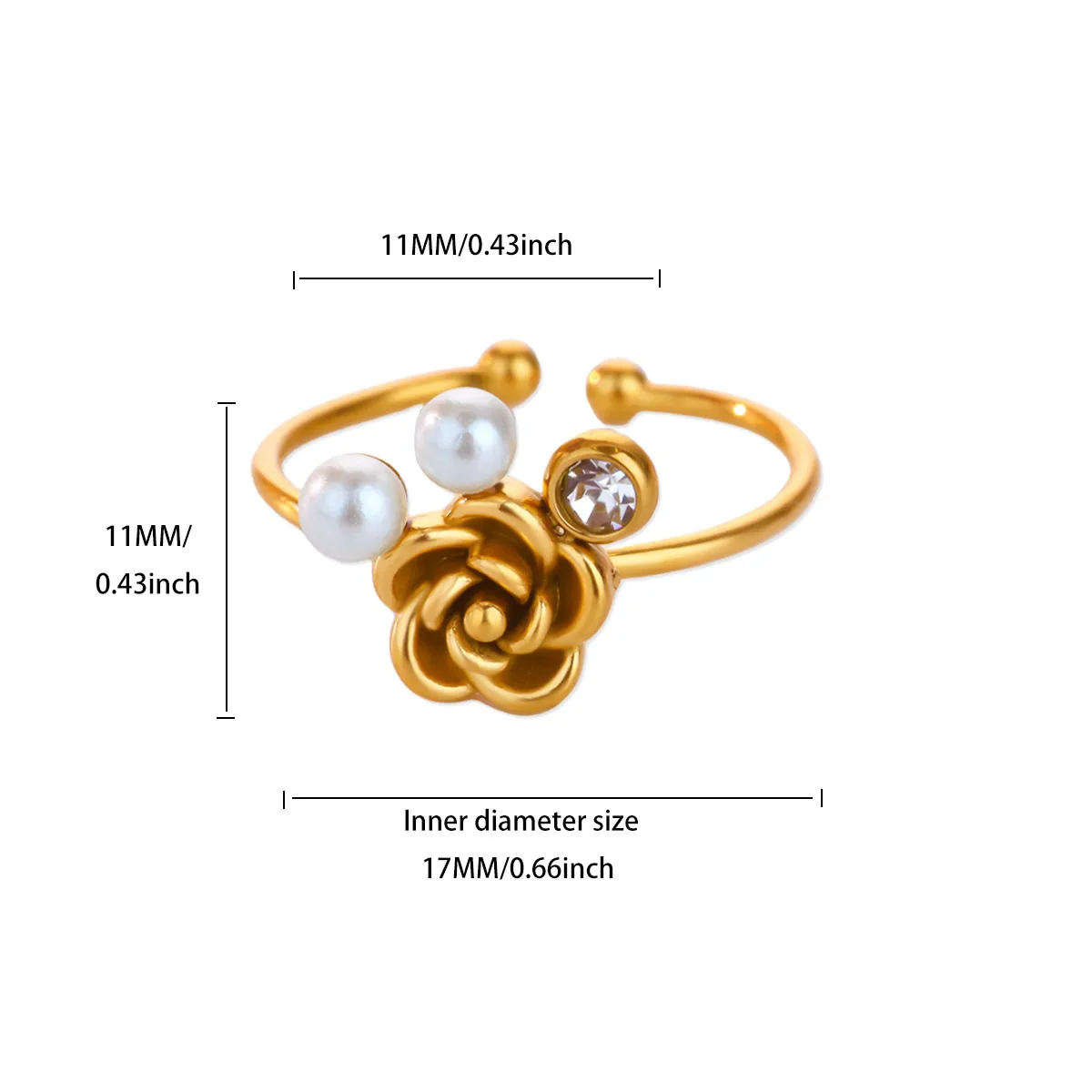 Rose Pearl Flower Shape Ring Women Gold Color Adjustable Stainless Steel