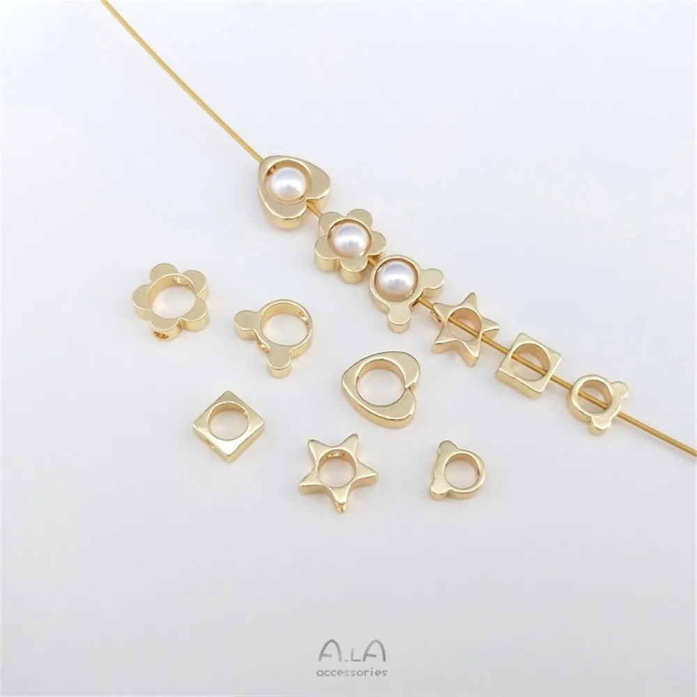 14K gold flower peach heart pentagonal star bear flat square set bead ring diy hand bracelet septa bead accessories ot buckle 14k gold heart shaped five pointed star diamond square buckle diy accessories end connection buckle accessories