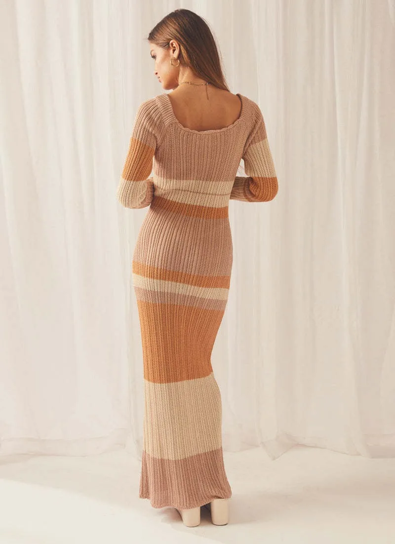 Hollow Out Knitwear Striped Maxi Dress For Women Contrast High Waist Long Sleeve Elegant Holiday Autumn Long Dress Female