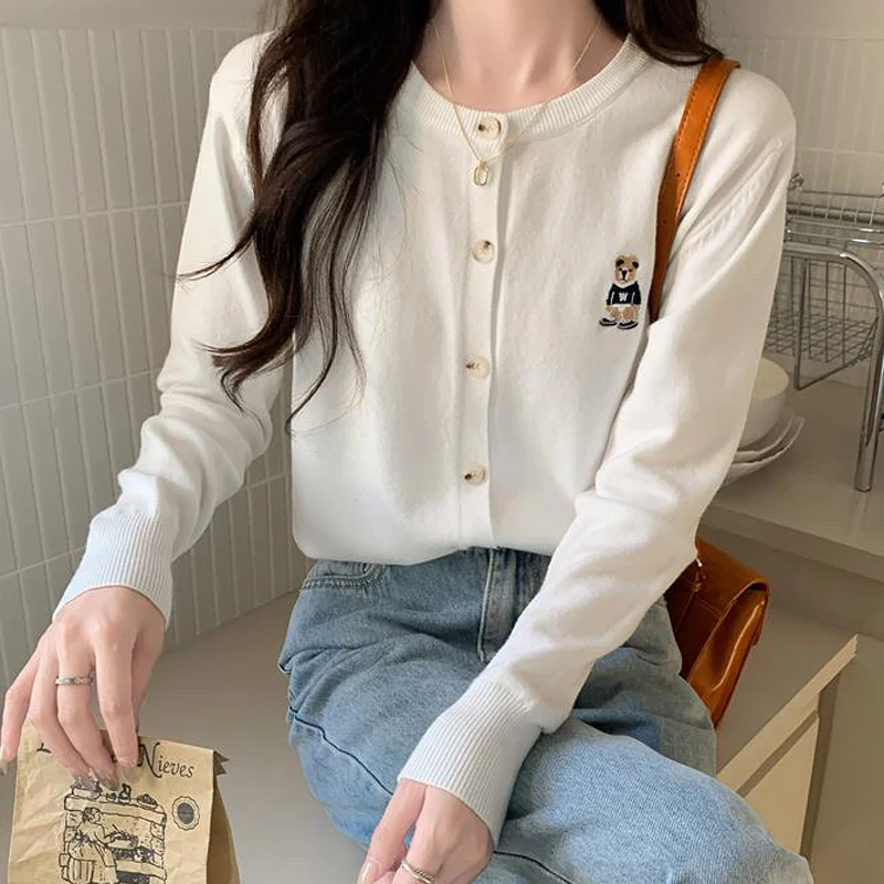 Women Autumn Winter Short Sweater Solid Color Bear Embroidery Cardigan
