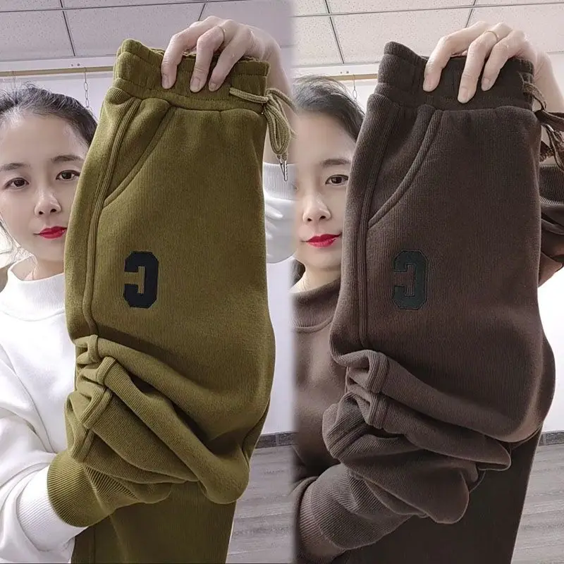 Add Velvet Winter Sweatpants Women Letter Print High Waist Korean Harem Pantalones All-Match Fleece Lined Oversized Baggy Pant