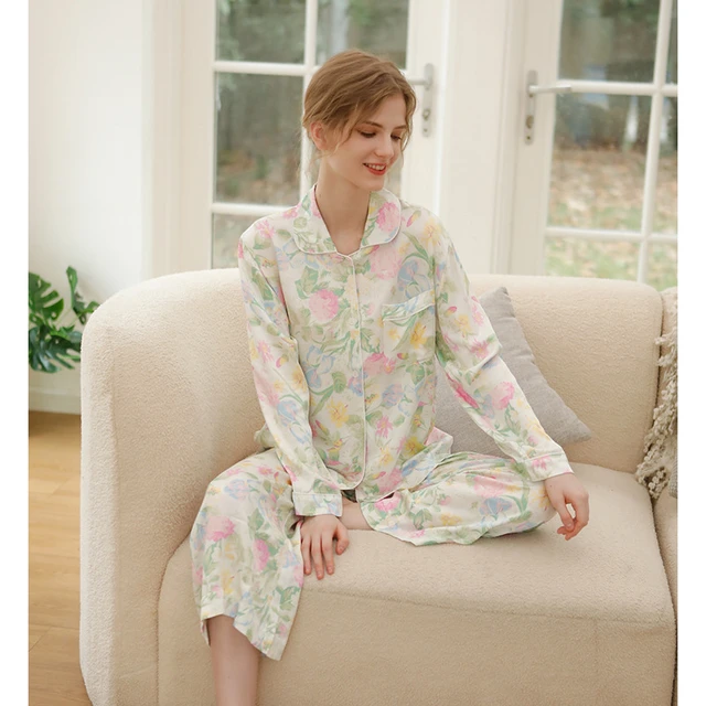 Women Sleepwear Satin Silk Pajamas Sets Floral Print Short Sleeve Top With  Trousers Two Piece Set Pijamas For Woman - Pajama Sets - AliExpress