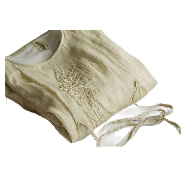 

High-end Ramie Women's 3/4 Sleeve Loose Summer Dress Handmade Embroidery O-neck With Lining