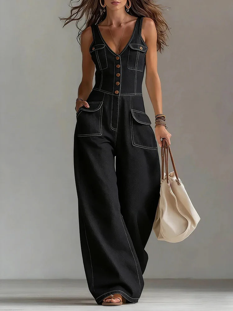 Women’s Denim Sleeveless V-Neck Jumpsuit 1