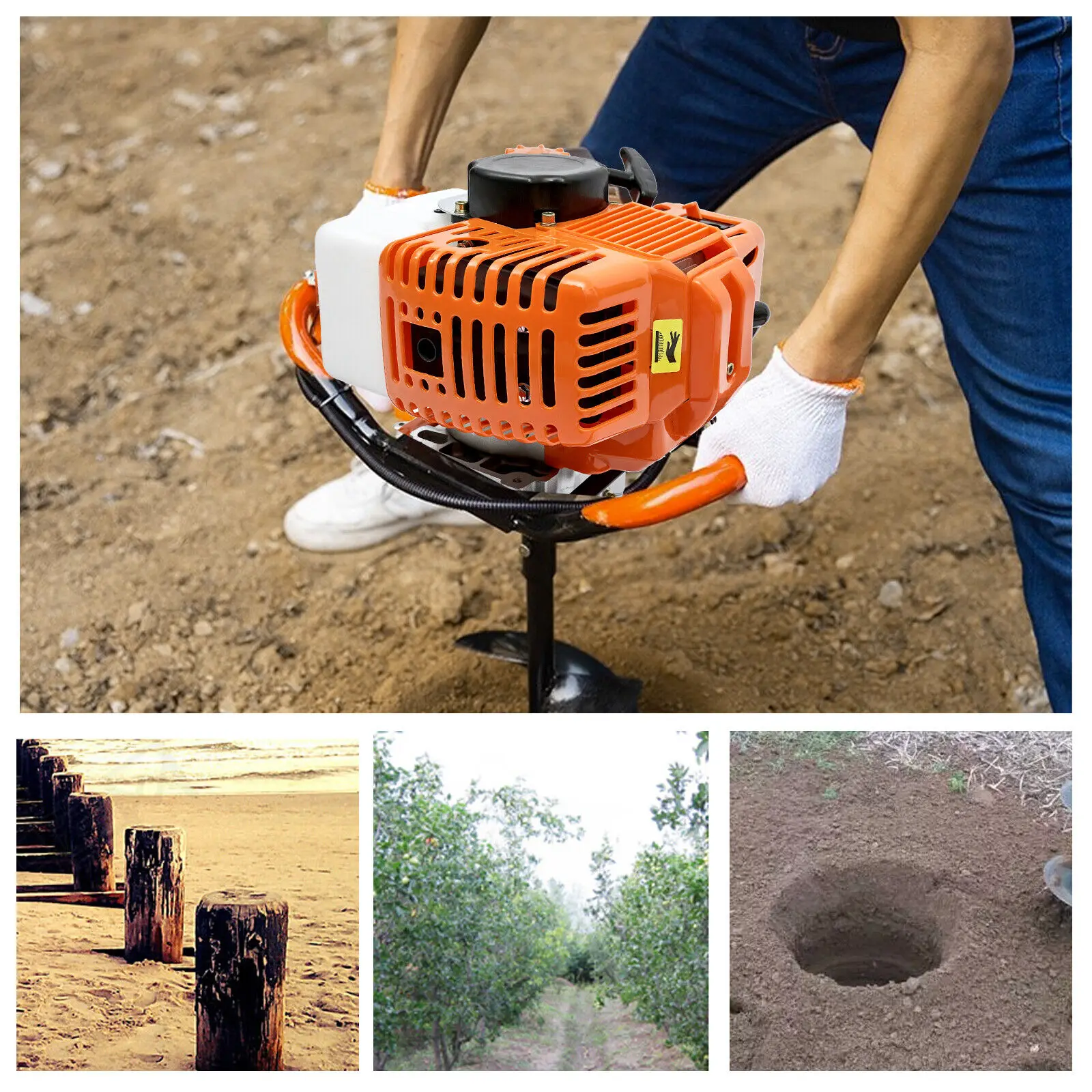 52CC Post Hole Digger Gas Powered Earth Auger Borer Fence Ground Drill+3 Bits