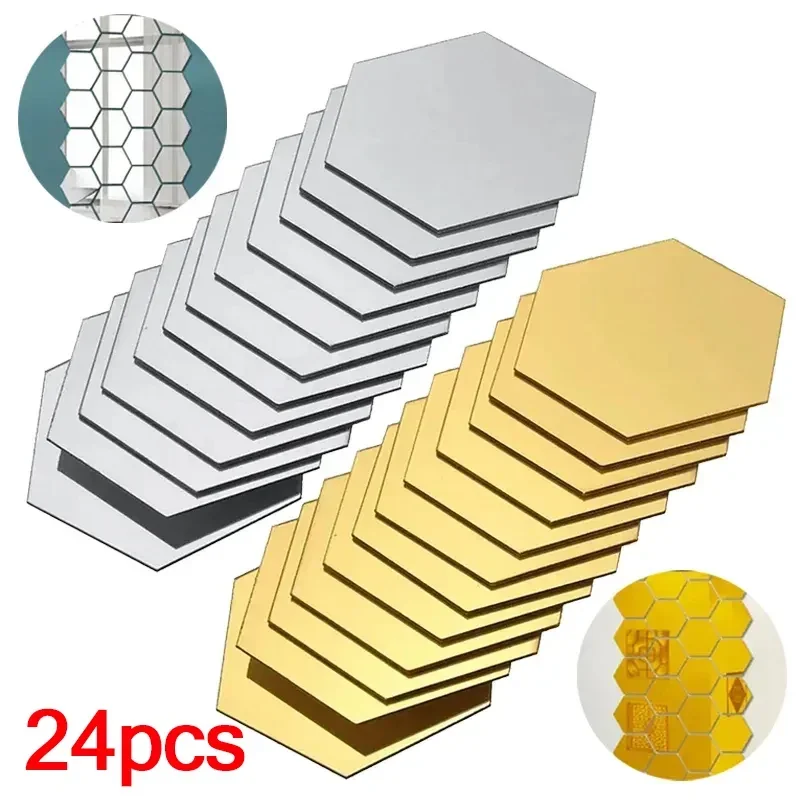 24 Piastrelle A Specchio Autoadesive Esagonali In Acrilico - 126x110x63 Mm - Decorazione Parete Per Soggiorno, Bagno, Camera Da Letto