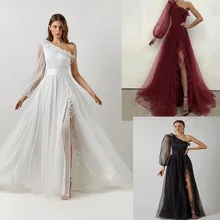 

2021 New Style One Shoulder Long Sleeve Ruffles Slit Prom Dresses Burgundy Lady Full Length Robe De Soiree Birthday Party Gowns