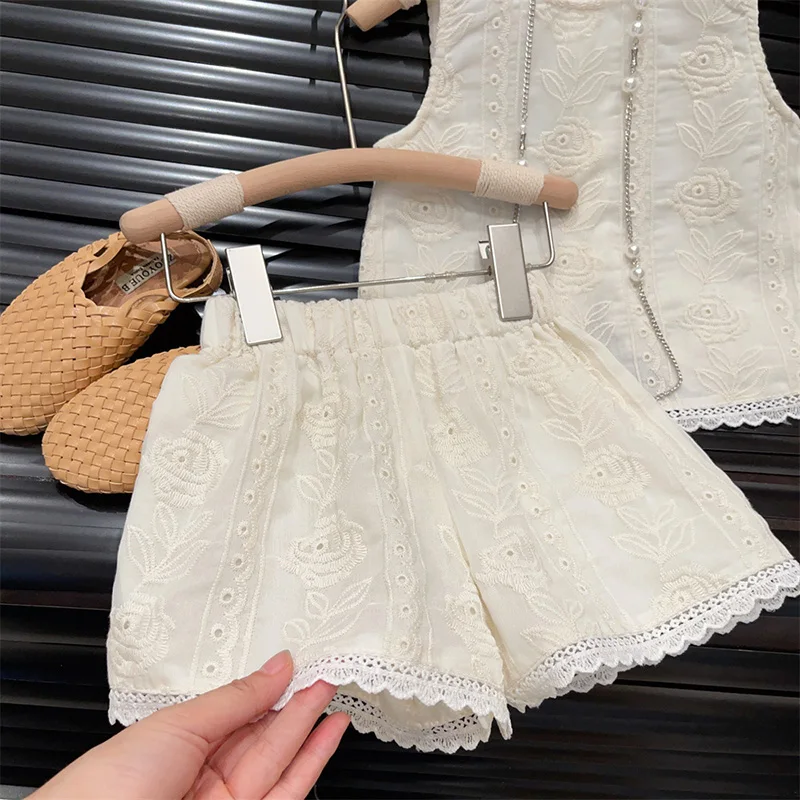 2024 New Summer Korean Style Baby Girls Clothing Set Sleeveless Cotton Embroidered Vest+Shorts 2-7Yrs Children Clothes Suit 6