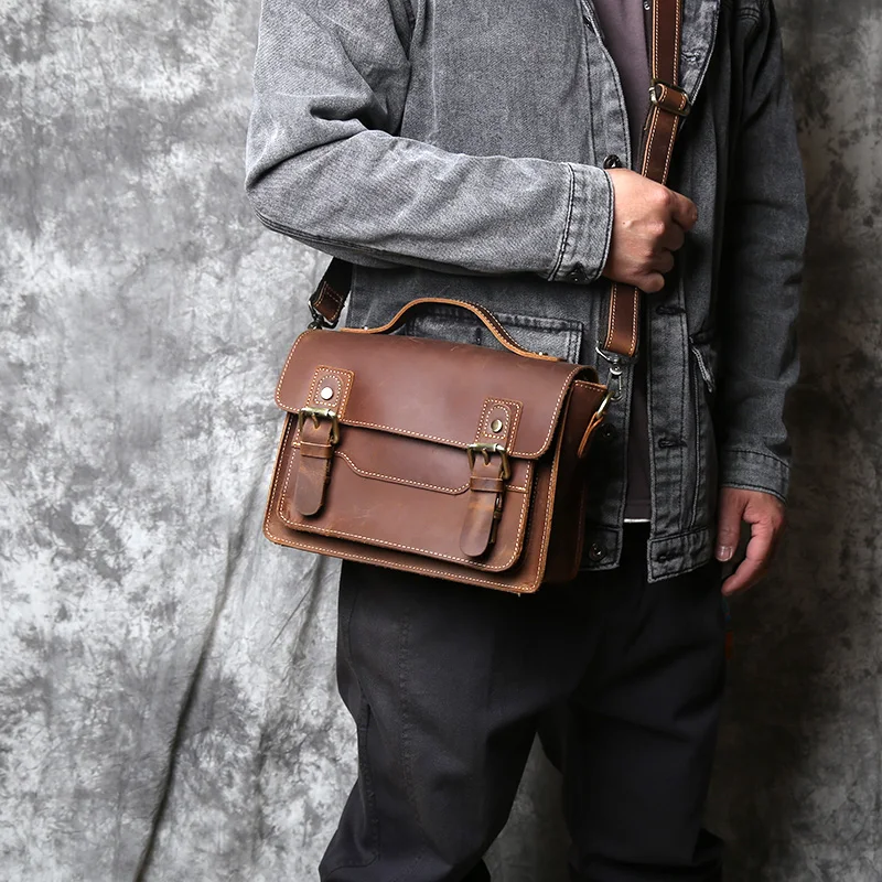 NZPJ Retro Leather Men's Mailman Bag Crazy Horse Men's Bag Top Layer  Cowhide Shoulder  Bag Casual Handbag For 10-Inch IPad