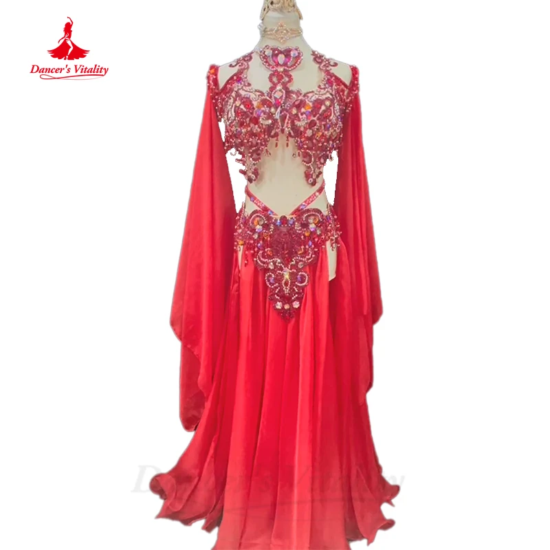 

Belly Dance Performance Custome Suit for Women Customsized AB Stones Bra+long Skirt+2pcs Adult Children Oriental Stage Outfit