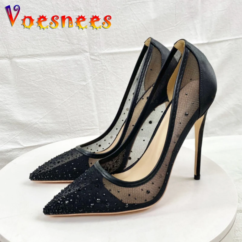 Summer Rhinestone Inlaid Cool High Heels High-quality Breathable Mesh Fashion Single Shoes 12CM Sexy Pointed Tip Women's Pumps 4