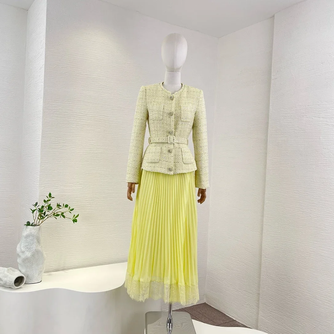 2024 New High Quality Yellow Women Fashion Clothing Long Sleeve Jacket Pockets Belted and Pleats Skirt Matching Set