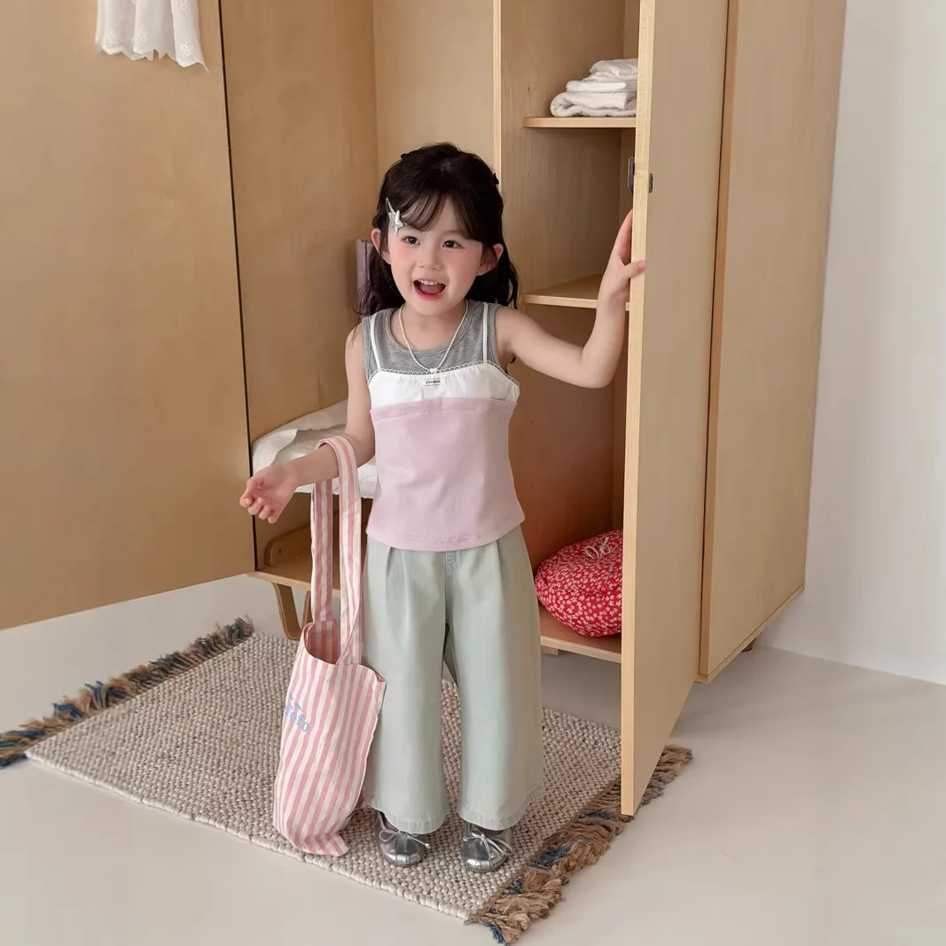 아동복 소녀 캐주얼 탑 한국 스타일 컬러 블록 니트 조끼 여름 새로운 유행 민소매 조끼 티셔츠