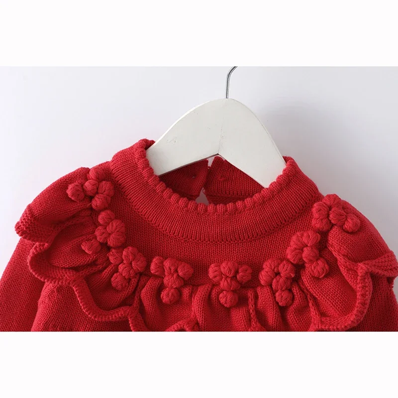 가을  의류 풀오버  크리스마스 레드 스웨터 여자 겨울 꽃무늬 스웨터 옷 니트 볼 볼 키즈 스웨터