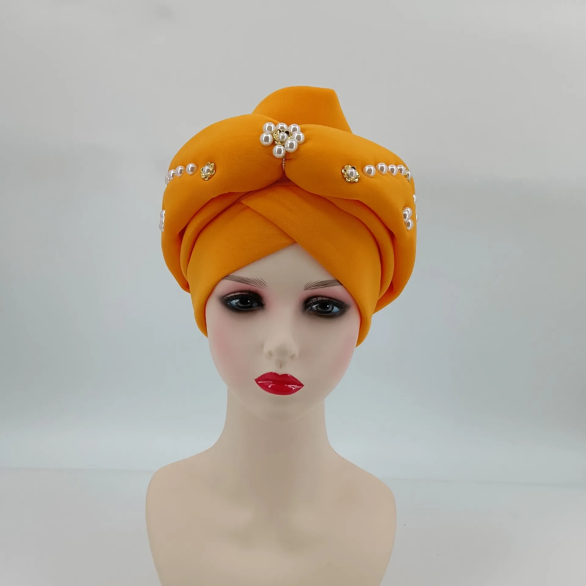 Beaded Crinkle Head Wraps for Women African Headwear Beanies Wedding Headtie Bonnet Party Turban Fashion New 4