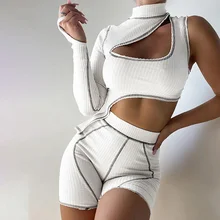 

White Fashion Asymmetric Women Suit Hollow One-shoulder Long Sleeve Irregular Female Clothing 2 Piece Set Sports Suit Streetwear