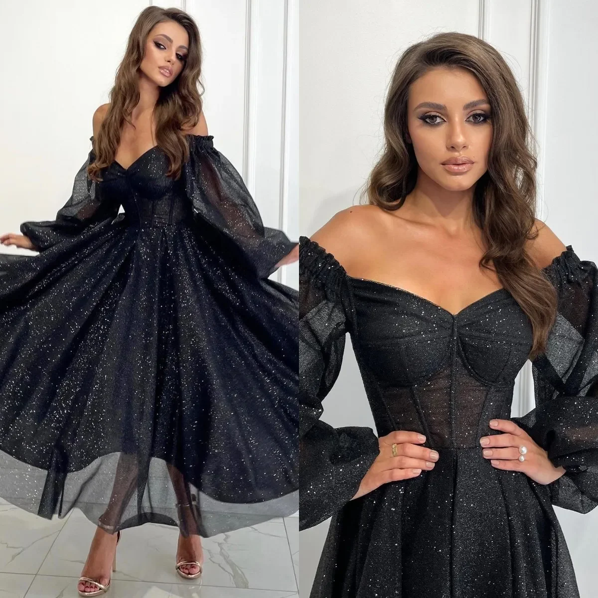 

Gorgeous Black Prom Dresses A Line Glitter Off The Shoulder Ankle Length Formal Long Evening Party Gowns فساتين سهره فاخره 2024