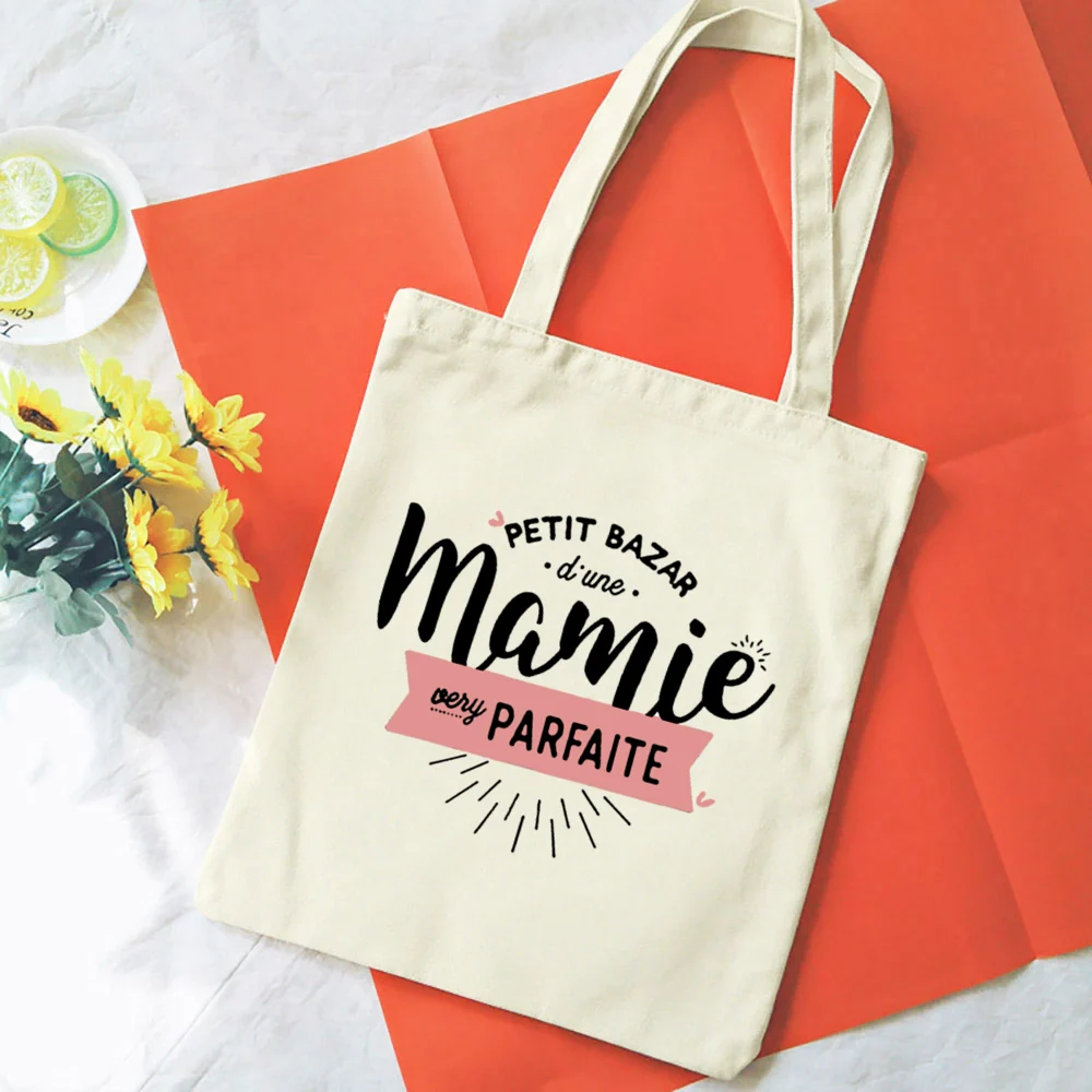 French Mamie Print Canvas Shoulder Bags Female Shopping Totes Women Travel Handbags Eco Reusable Storage Pouch Gifts for Grandma 3