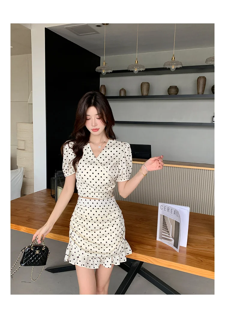 New Summer Two-piece Skirt Set Women Elegant Polka Dot V-neck Cropped Top Bodycon Short Skirt Y2K Sexy Korean Fashion Outfits