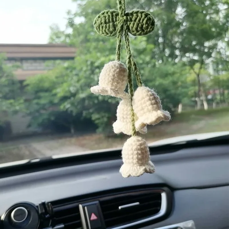 UBUTERFLY Crochet Lily of The Valley Flowers Keychain May Birth Flowers Car Mirror Hanging Decor Keyring Key