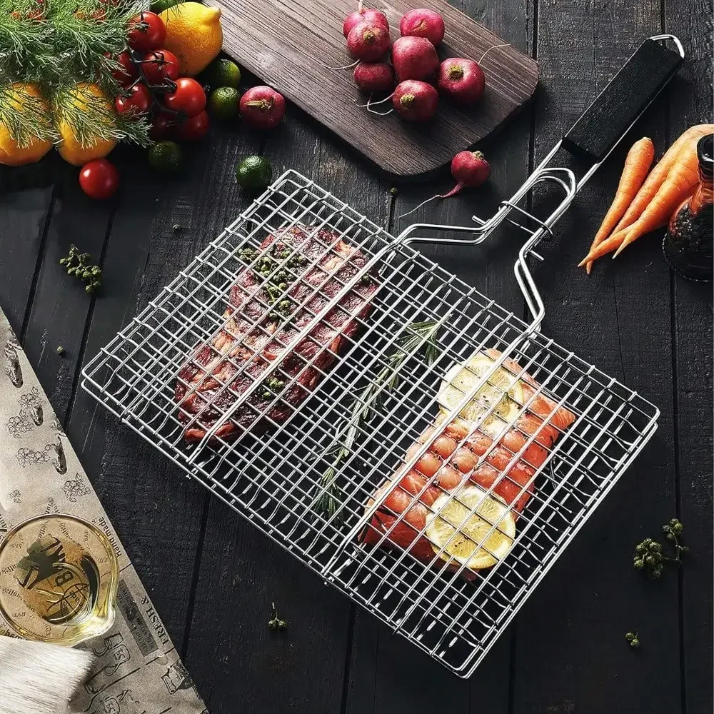 Folding Portable Outdoor Camping Stainless Steel BBQ Rack With Removable Handle Grilling Basket Barbeque Griller Cooking Tools bbq rack