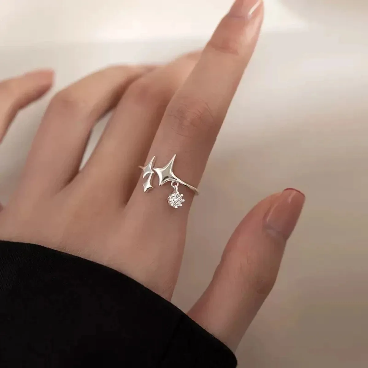 925 Silver Moon Tassel Opening Female Fashion Ins Ring