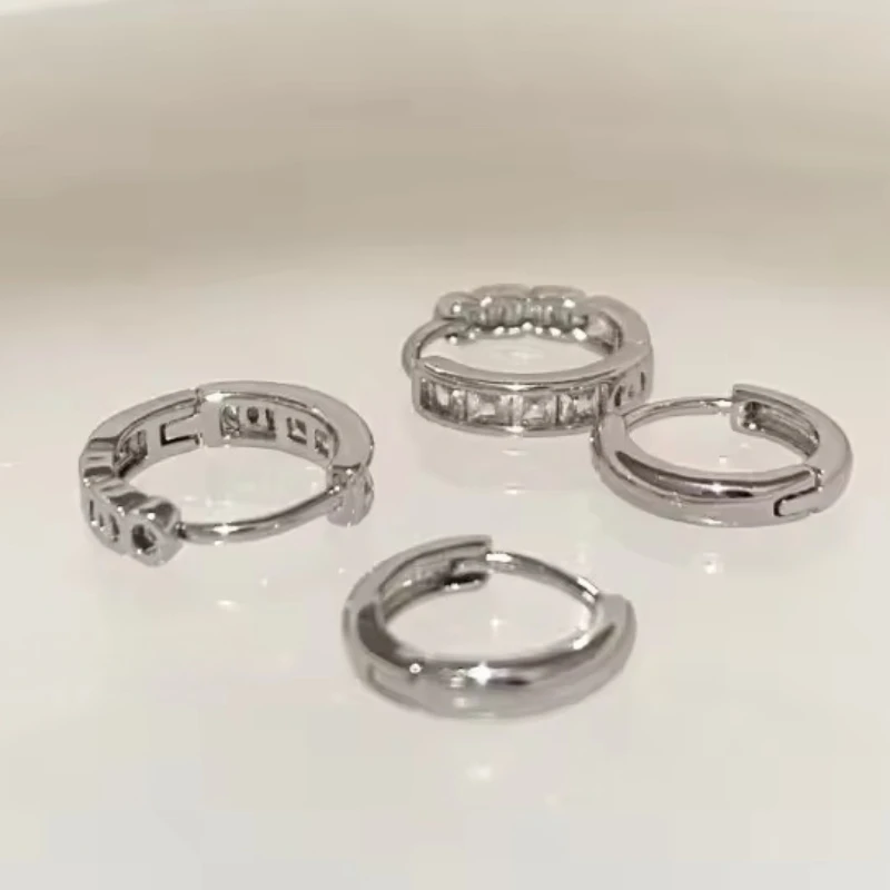 4Pcs/Set Fashion Silver Color Zircon Crystal Hoop Earrings for Women Egirl Simple Metal Circle Earrings Aesthetic Y2K Jewelry