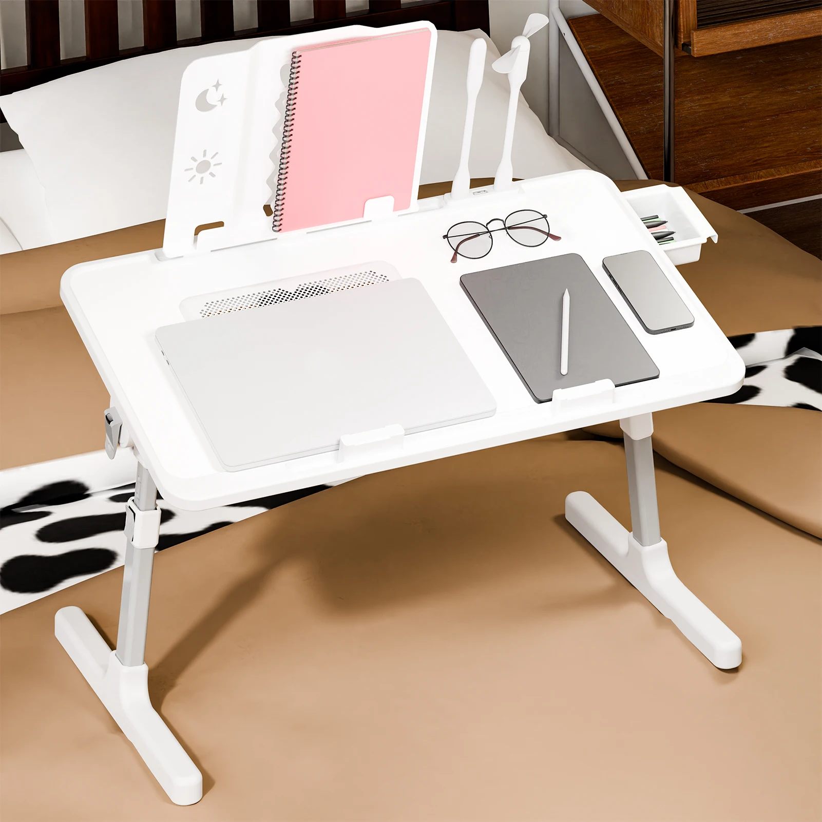 Laptop Bed Tray Table, Adjustable Lap Desk with Light Fan, Folding Laptop Desk for Bed with USB, Storage Drawer