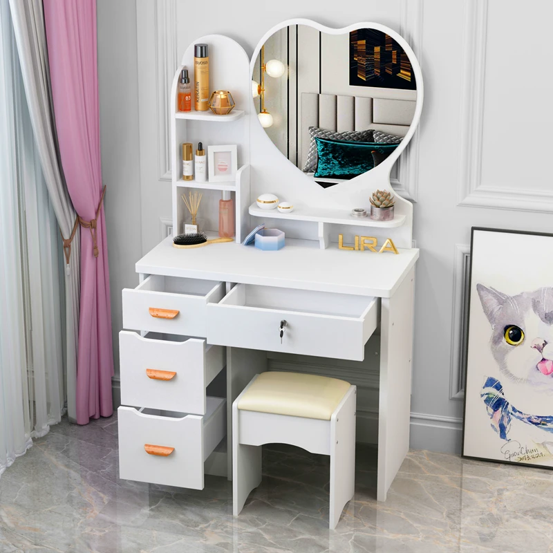 

Mirror Drawer Dressing Table Manicure Bathroom Women Chair Drawer Storage Light Dressing Desk Wood Moveis Bedroom Furniture