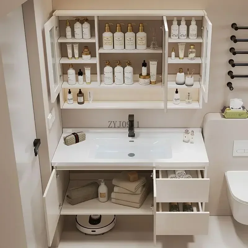 *White Display Bathroom Cabinets Integrated Ceramic Washbasin Wall Mirror Drawer Bathroom Cabinets Toilet Furniture