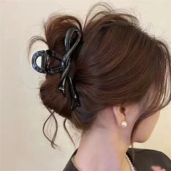Glossy Acrylic Hair Claw Clips - Elegant Ribbon Bow Barrette Accessories (A black)